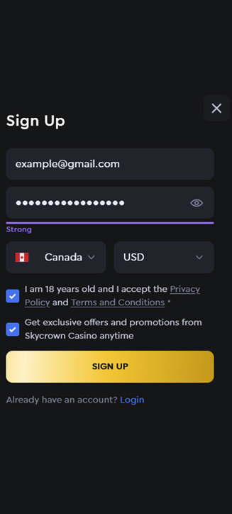 Processus d'inscription SkyCrown sur mobile Processus d'inscription SkyCrown sur mobile